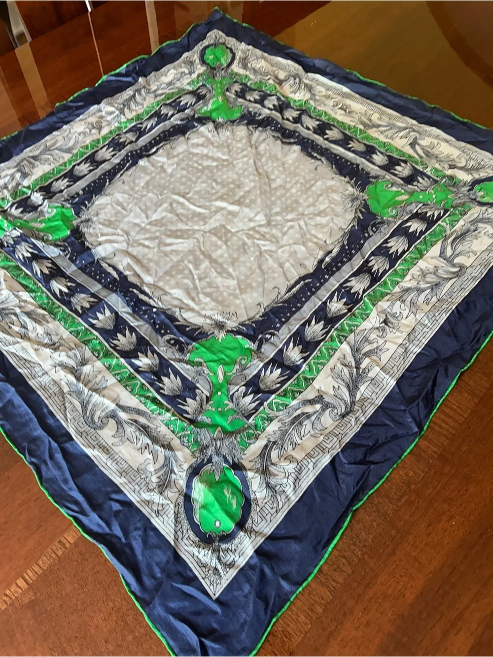 Green Navy and White Floral Silk Scarf 26“ x 26“ probably silk